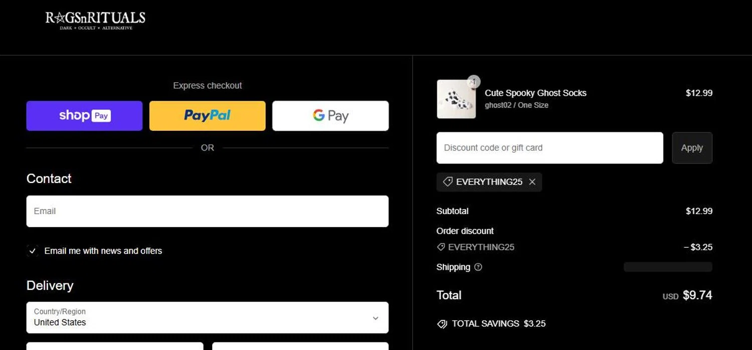 RagsnRituals discount code screenshot showing code EVERYTHING25 applied at RagsnRituals checkout page. Uploaded by SimplyCodes community member stygian1 on Nov 23, 2024