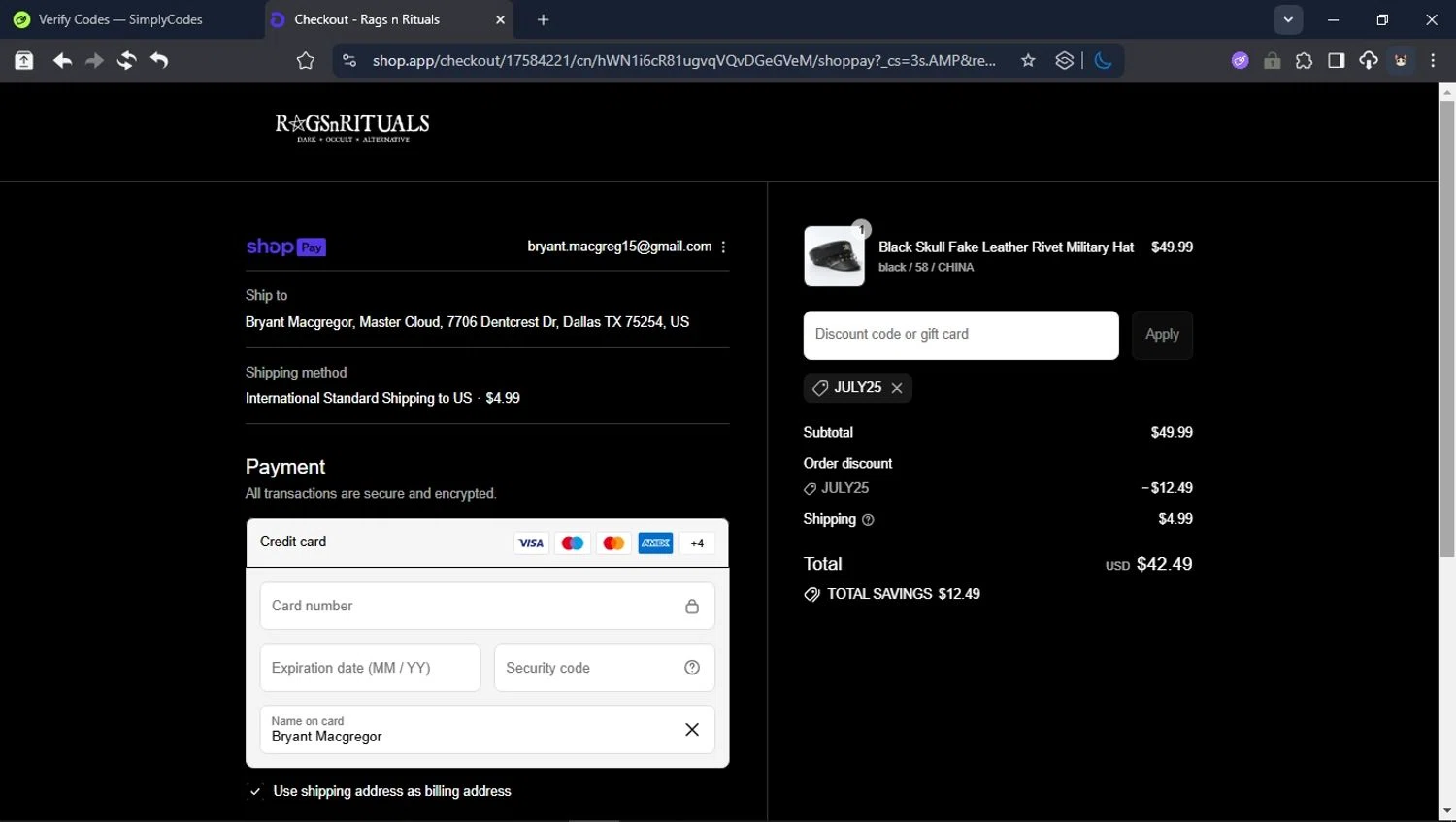 RagsnRituals discount code screenshot showing code JULY25 applied at RagsnRituals checkout page. Uploaded by SimplyCodes community member USER_RANDON on Aug 12, 2025