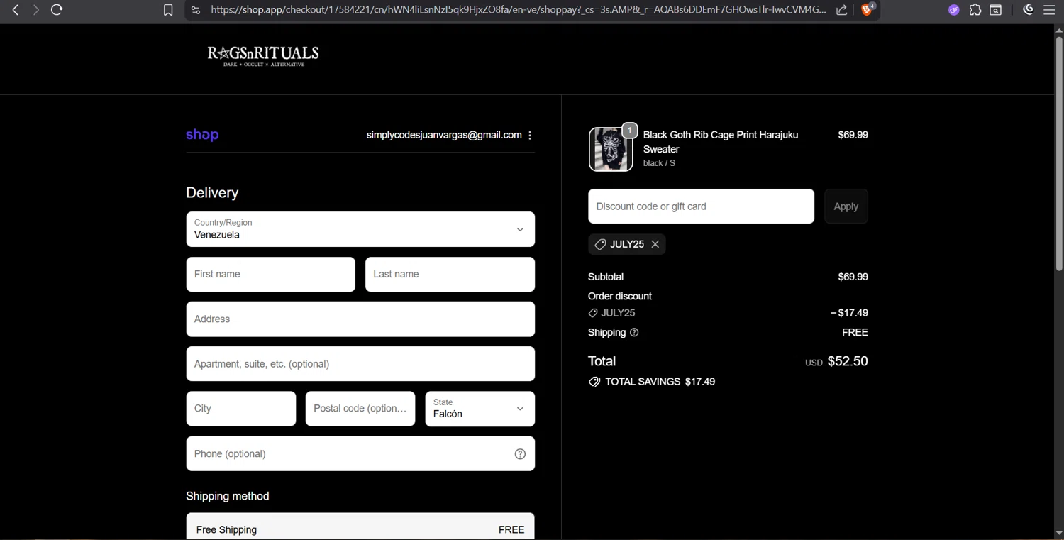 RagsnRituals discount code screenshot showing code JULY25 applied at RagsnRituals checkout page. Uploaded by SimplyCodes community member juanvargas1 on Oct 31, 2025