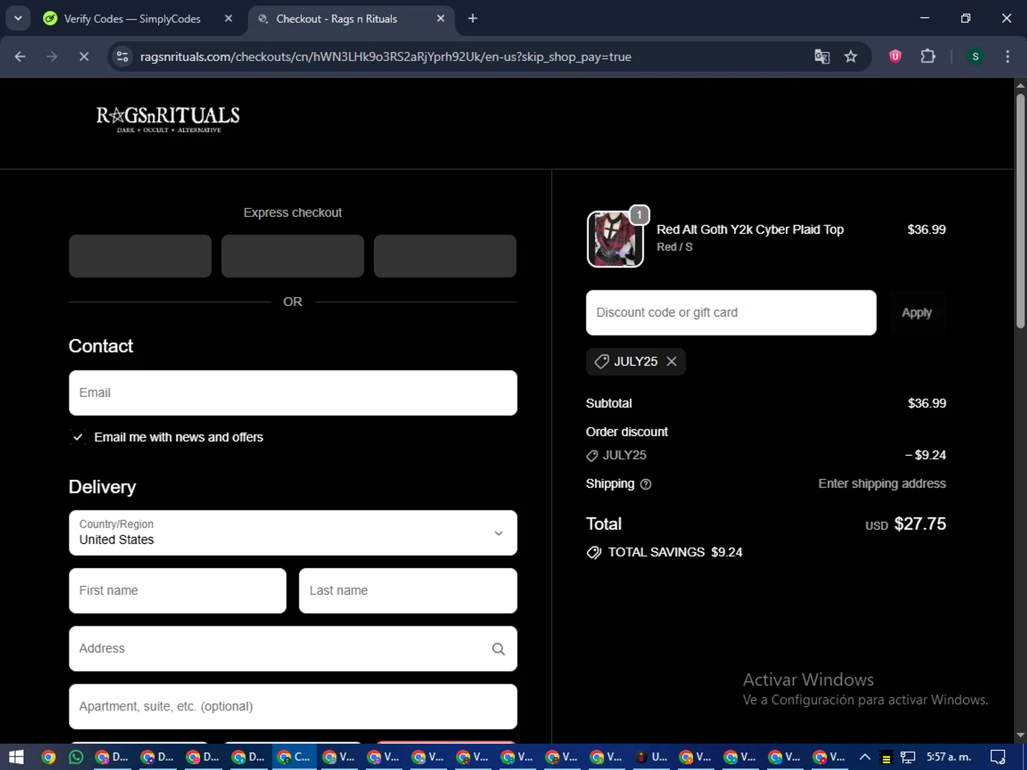 RagsnRituals discount code screenshot showing code JULY25 applied at RagsnRituals checkout page. Uploaded by SimplyCodes community member lilMosey on Sep 24, 2025