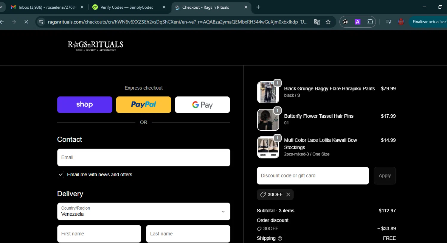 RagsnRituals discount code screenshot showing code 30OFF applied at RagsnRituals checkout page. Uploaded by SimplyCodes community member VoucherHero6322 on Dec 27, 2025