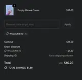 WELCOME10 coupon verification screenshot