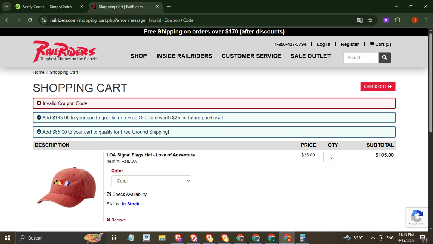 Rail Riders promo code screenshot showing code RRTRC19 applied at Rail Riders checkout page. Uploaded by SimplyCodes community member robertotorrealba on Apr 16, 2025