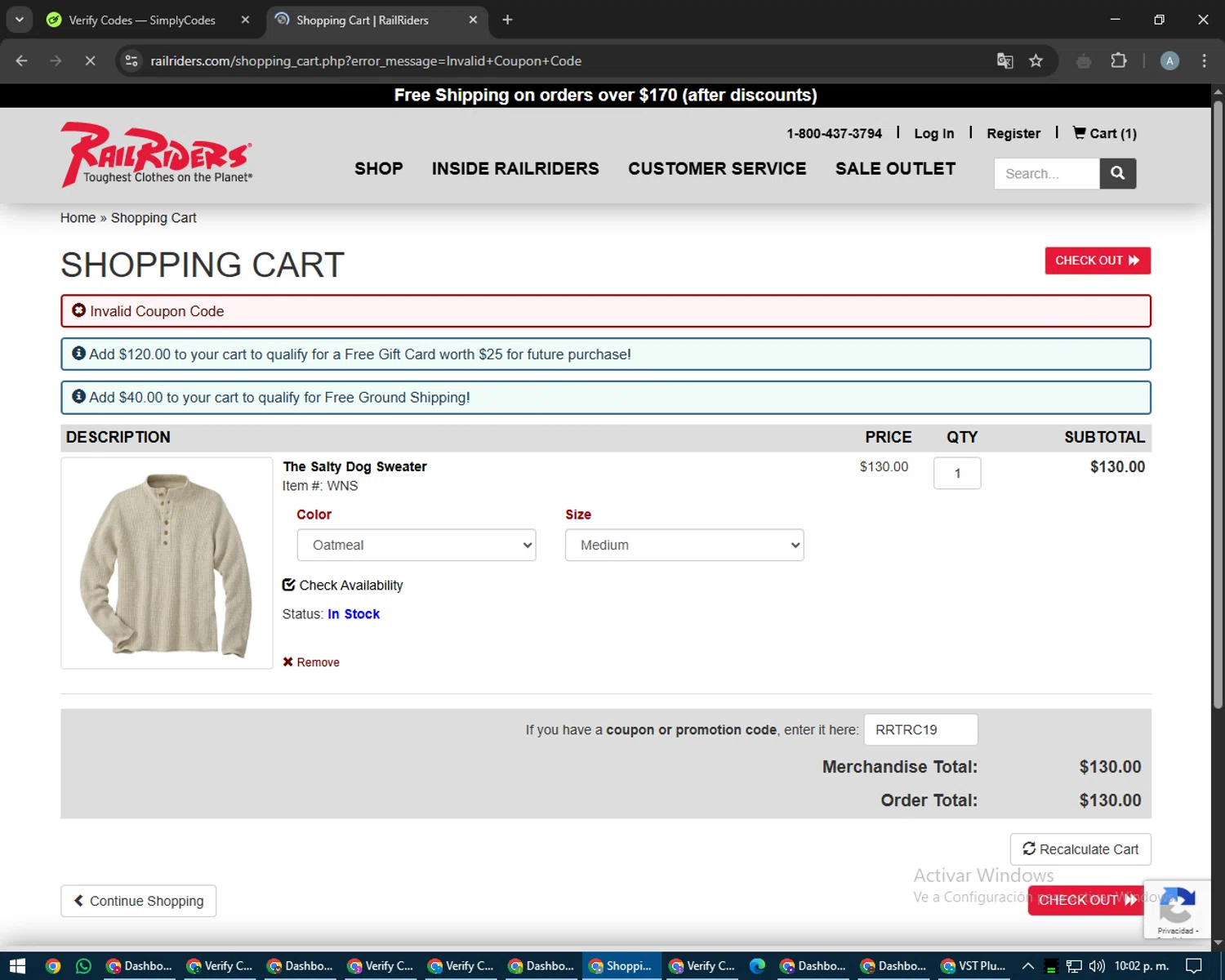 Rail Riders promo code screenshot showing code RRTRC19 applied at Rail Riders checkout page. Uploaded by SimplyCodes community member trippieredd on Apr 16, 2025