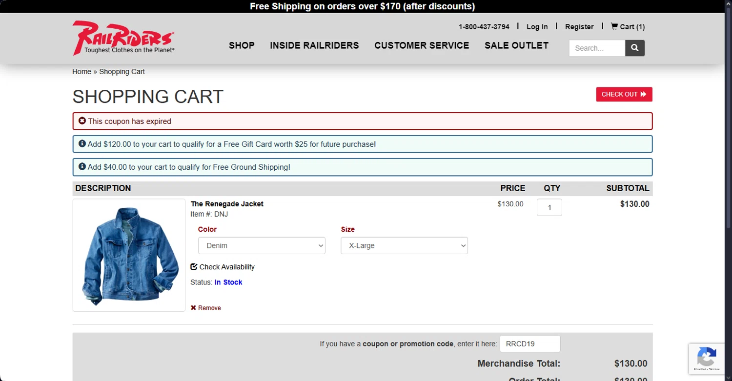 Rail Riders promo code screenshot showing code RRCD19 applied at Rail Riders checkout page. Uploaded by SimplyCodes community member Cintirivero on Apr 16, 2025