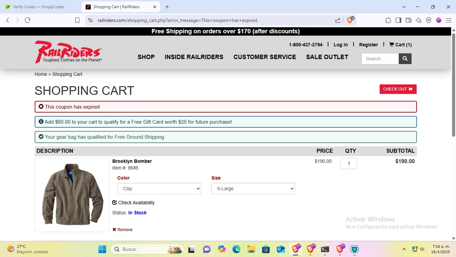 Rail Riders promo code screenshot showing code RRCD19 applied at Rail Riders checkout page. Uploaded by SimplyCodes community member PocoyoTraihard on Apr 16, 2025