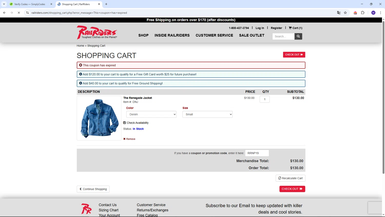 Rail Riders promo code screenshot showing code RRNP19 applied at Rail Riders checkout page. Uploaded by SimplyCodes community member CRF250CC on Apr 16, 2025