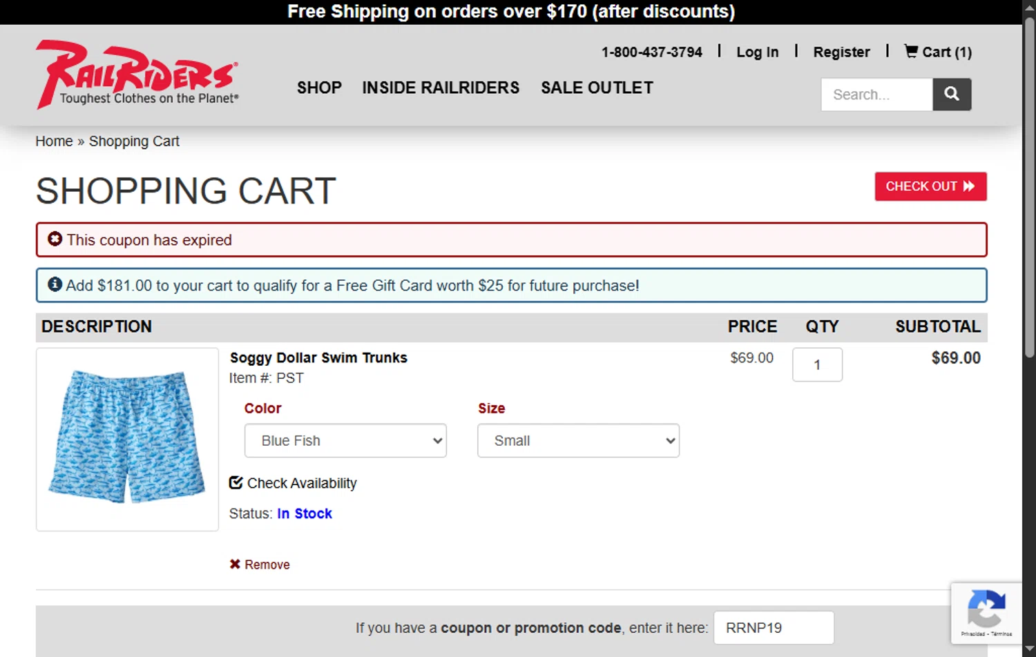 Rail Riders promo code screenshot showing code RRNP19 applied at Rail Riders checkout page. Uploaded by SimplyCodes community member SwiftTracker8156 on Apr 16, 2025