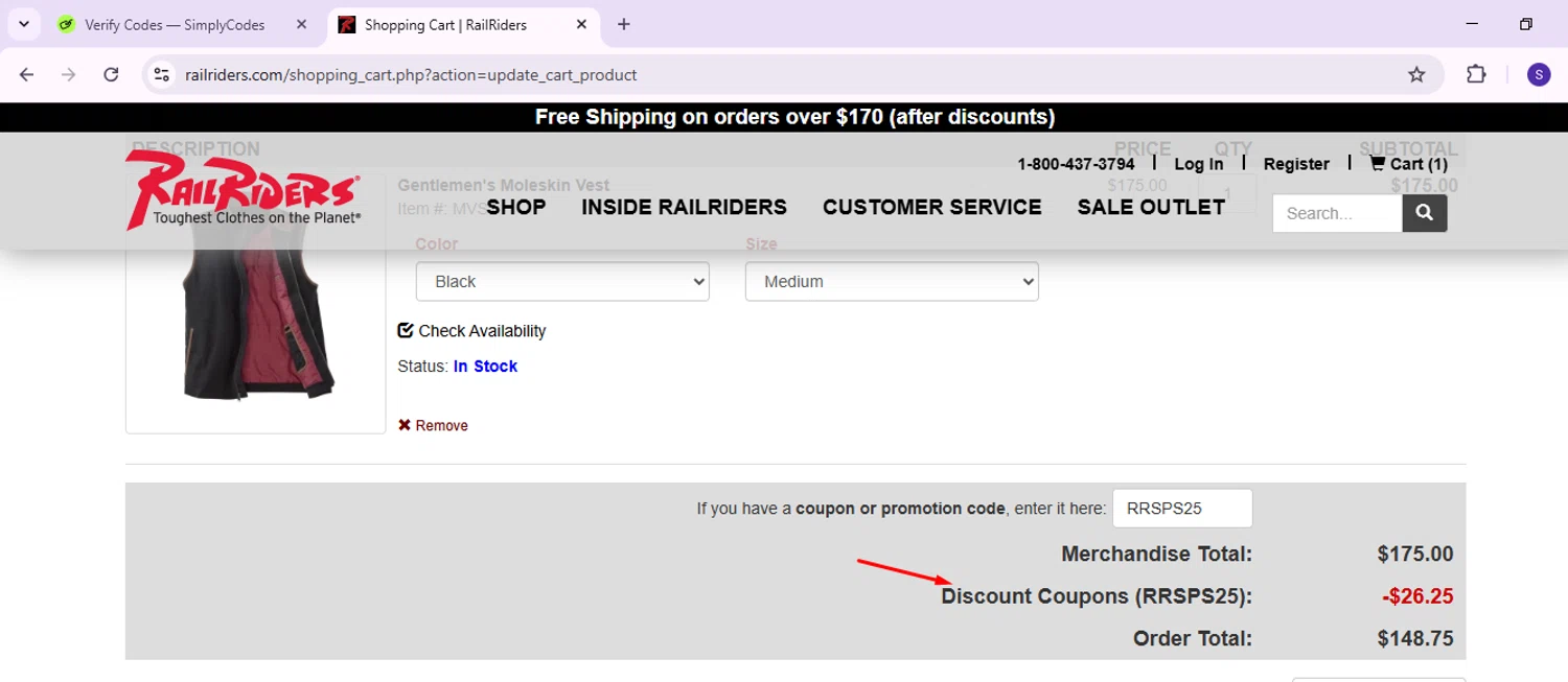 Rail Riders checkout page showing Rail Riders promo code box | Screenshot taken by SimplyCodes community member on Sep 11, 2025
