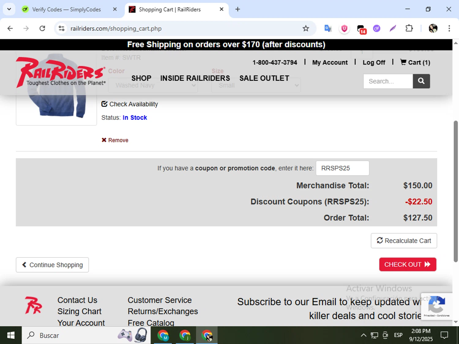 Rail Riders checkout page showing Rail Riders promo code box | Screenshot taken by SimplyCodes community member on Sep 12, 2025