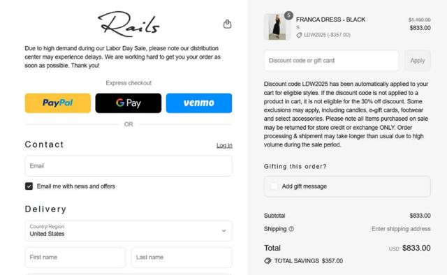 Rails checkout page showing Rails discount code box | Screenshot taken by SimplyCodes community member on Aug 27, 2025