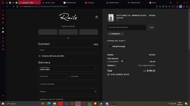 Rails checkout page showing Rails discount code box | Screenshot taken by SimplyCodes community member on Sep 8, 2025