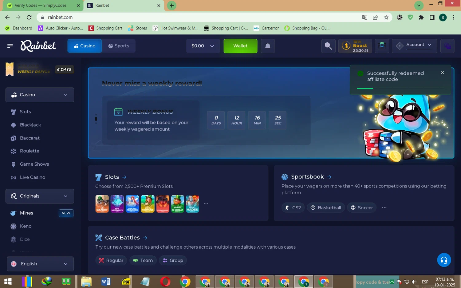 Rain Bet checkout page showing Rain Bet promo code box | Screenshot taken by SimplyCodes community member on Jan 19, 2025