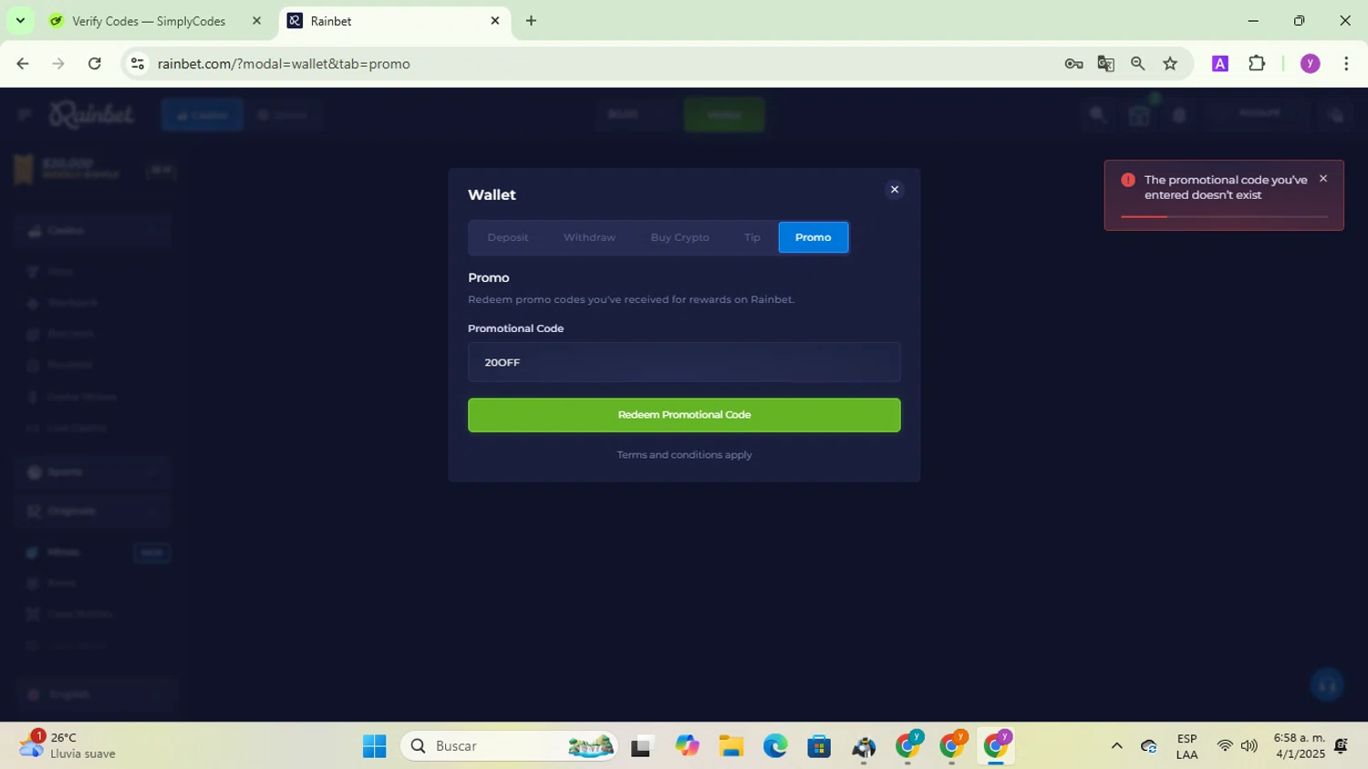 Rain Bet promo code screenshot showing code 20OFF applied at Rain Bet checkout page. Uploaded by SimplyCodes community member yadicg054 on Jan 4, 2025