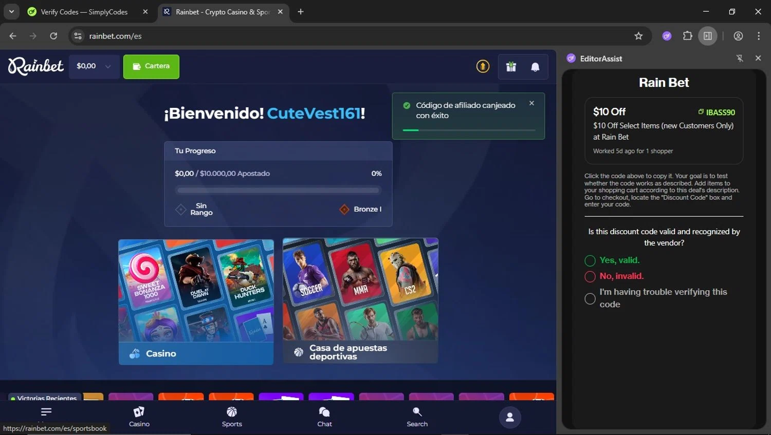 Rain Bet promo code screenshot showing code IBASS90 applied at Rain Bet checkout page. Uploaded by SimplyCodes community member FrugalSeeker3437 on May 15, 2025