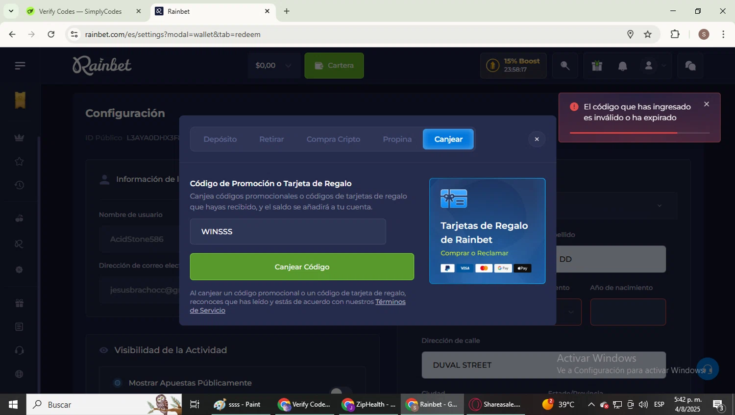 Rain Bet promo code screenshot showing code WINSSS applied at Rain Bet checkout page. Uploaded by SimplyCodes community member WiseExpert2972 on Aug 4, 2025
