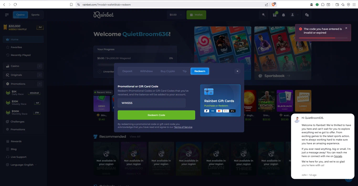 Rain Bet promo code screenshot showing code WINSSS applied at Rain Bet checkout page. Uploaded by SimplyCodes community member dayselis15 on Aug 4, 2025