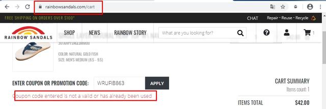 Rainbow Sandals checkout page showing Rainbow Sandals promo code box | Screenshot taken by SimplyCodes community member on Jun 7, 2020