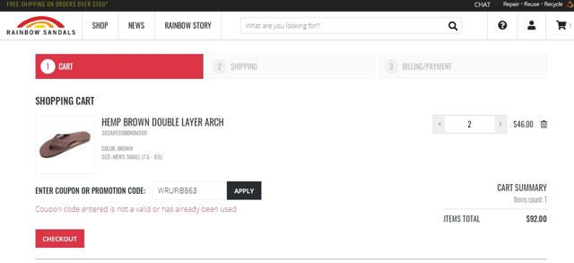 Rainbow Sandals checkout page showing Rainbow Sandals promo code box | Screenshot taken by SimplyCodes community member on Jun 8, 2020