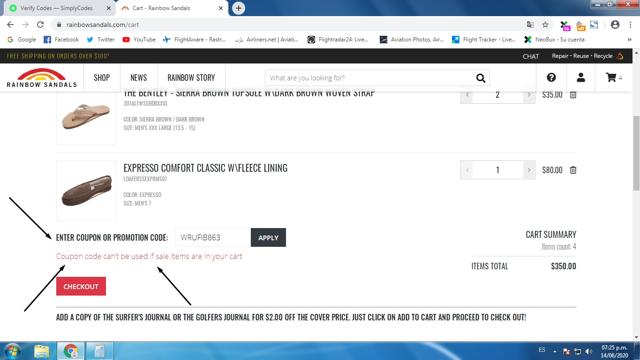 Rainbow Sandals checkout page showing Rainbow Sandals promo code box | Screenshot taken by SimplyCodes community member on Jun 14, 2020