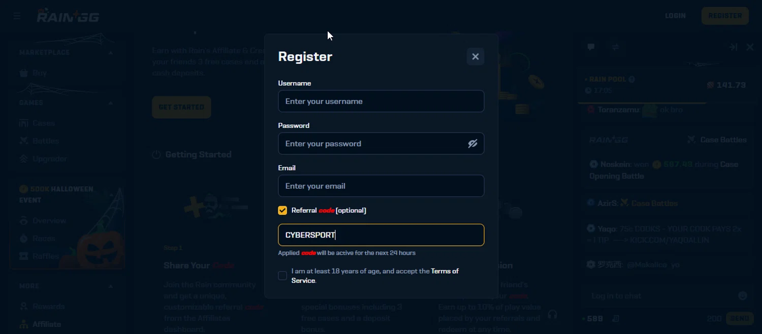 Rain.gg promo code screenshot showing code CYBERSPORT applied at Rain.gg checkout page. Uploaded by SimplyCodes community member 111111 on Oct 25, 2025