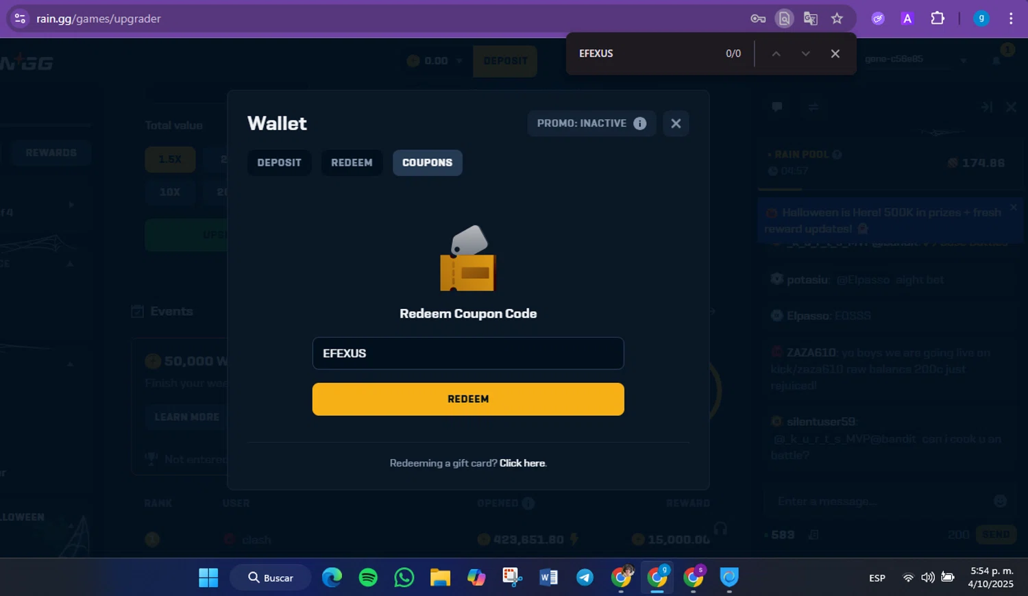 Rain.gg promo code screenshot showing code EFEXUS applied at Rain.gg checkout page. Uploaded by SimplyCodes community member FrugalVirtuoso6318 on Oct 4, 2025
