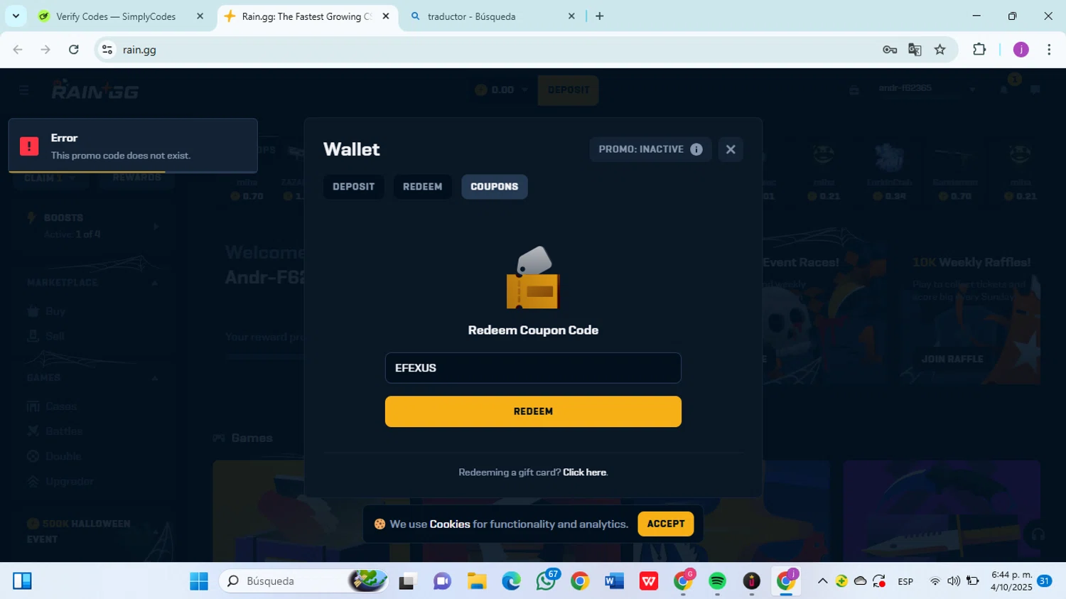 Rain.gg promo code screenshot showing code EFEXUS applied at Rain.gg checkout page. Uploaded by SimplyCodes community member christophersierra on Oct 4, 2025
