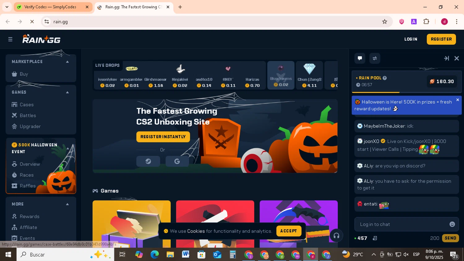 Rain.gg promo code screenshot showing code TENJI applied at Rain.gg checkout page. Uploaded by SimplyCodes community member FrugalMonarch7277 on Oct 10, 2025
