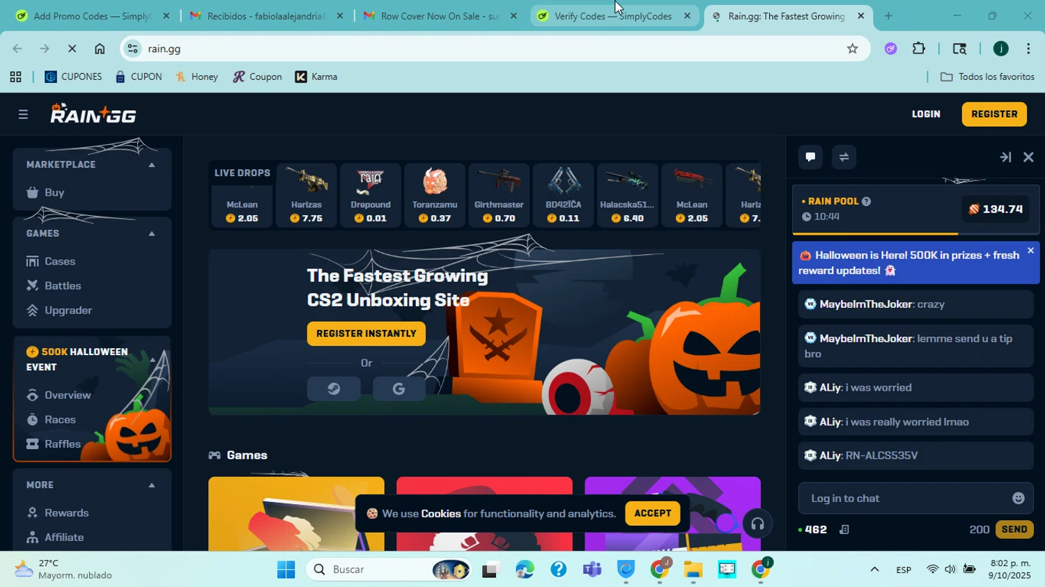 Rain.gg promo code screenshot showing code TENJI applied at Rain.gg checkout page. Uploaded by SimplyCodes community member jorgejavierherrera on Oct 10, 2025