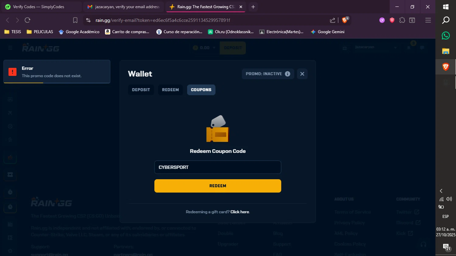 Rain.gg promo code screenshot showing code CYBERSPORT applied at Rain.gg checkout page. Uploaded by SimplyCodes community member xXdevoragoticas69Xx on Oct 27, 2025