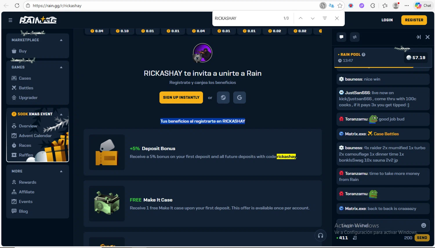 Rain.gg promo code screenshot showing code RICKASHAY applied at Rain.gg checkout page. Uploaded by SimplyCodes community member Franco20 on Dec 7, 2025