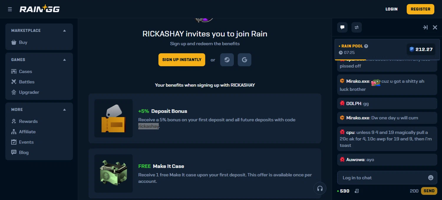 Rain.gg promo code screenshot showing code RICKASHAY applied at Rain.gg checkout page. Uploaded by SimplyCodes community member bettercallkim on Nov 5, 2025