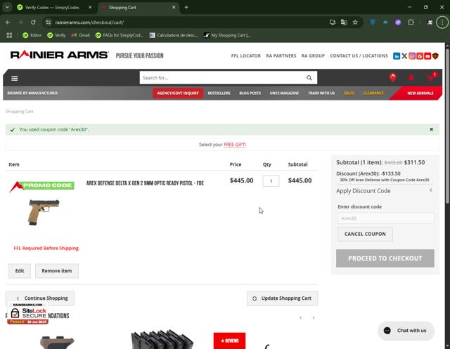 Rainier Arms checkout page showing Rainier Arms promo code box | Screenshot taken by SimplyCodes community member on Jul 30, 2025