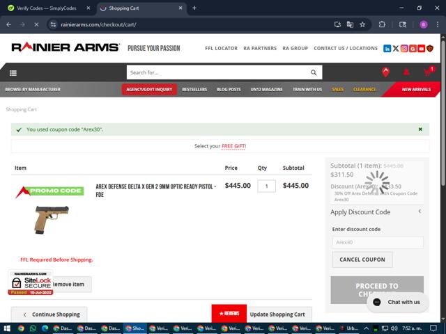 Rainier Arms checkout page showing Rainier Arms promo code box | Screenshot taken by SimplyCodes community member on Jul 15, 2025