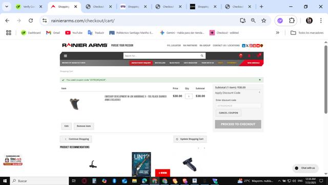 Rainier Arms checkout page showing Rainier Arms promo code box | Screenshot taken by SimplyCodes community member on Jul 23, 2025