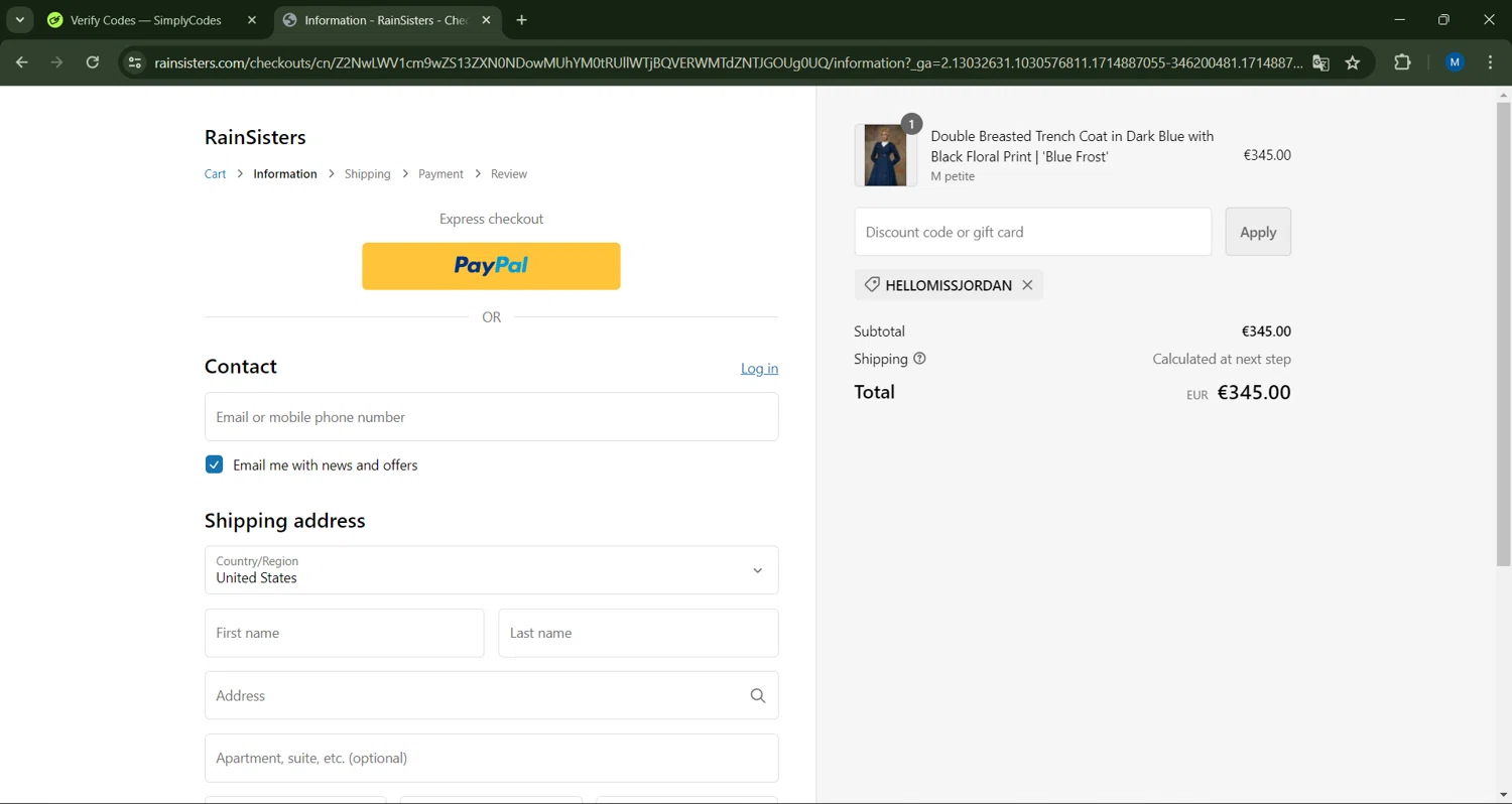 RainSisters checkout page showing RainSisters discount code box | Screenshot taken by SimplyCodes community member on May 5, 2024