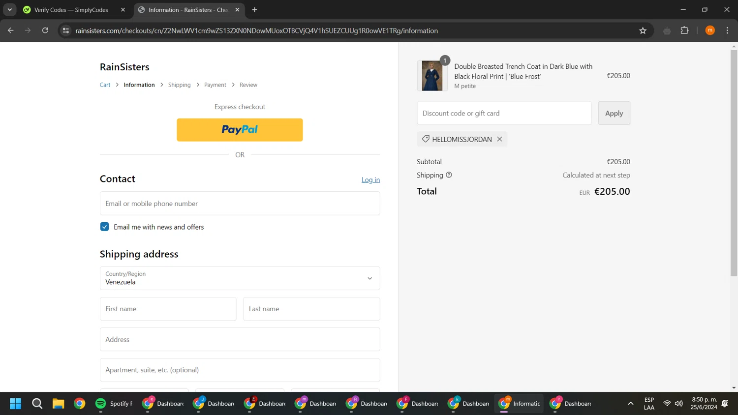 RainSisters checkout page showing RainSisters discount code box | Screenshot taken by SimplyCodes community member on Jun 26, 2024