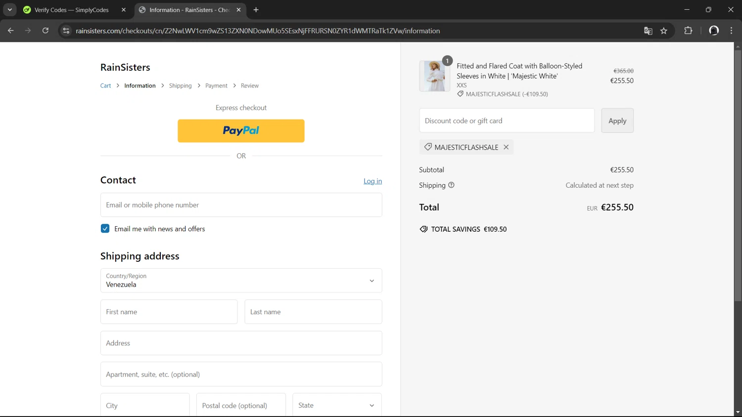 RainSisters checkout page showing RainSisters discount code box | Screenshot taken by SimplyCodes community member on Oct 6, 2024