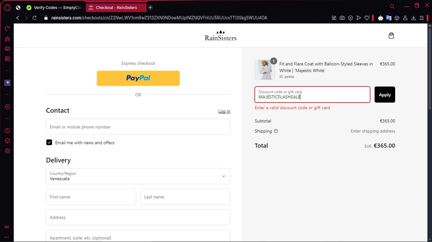 RainSisters discount code screenshot showing code MAJESTICFLASHSALE applied at RainSisters checkout page. Uploaded by SimplyCodes community member TOLUENO on Jan 10, 2025
