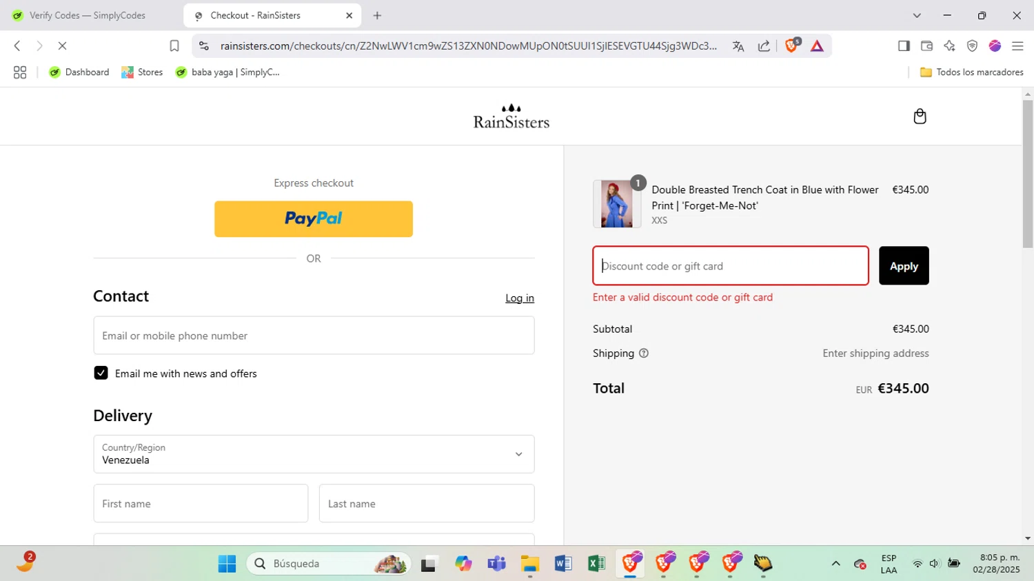 RainSisters discount code screenshot showing code RAINSISTERS10 applied at RainSisters checkout page. Uploaded by SimplyCodes community member BrilliantSpotter8809 on Mar 1, 2025