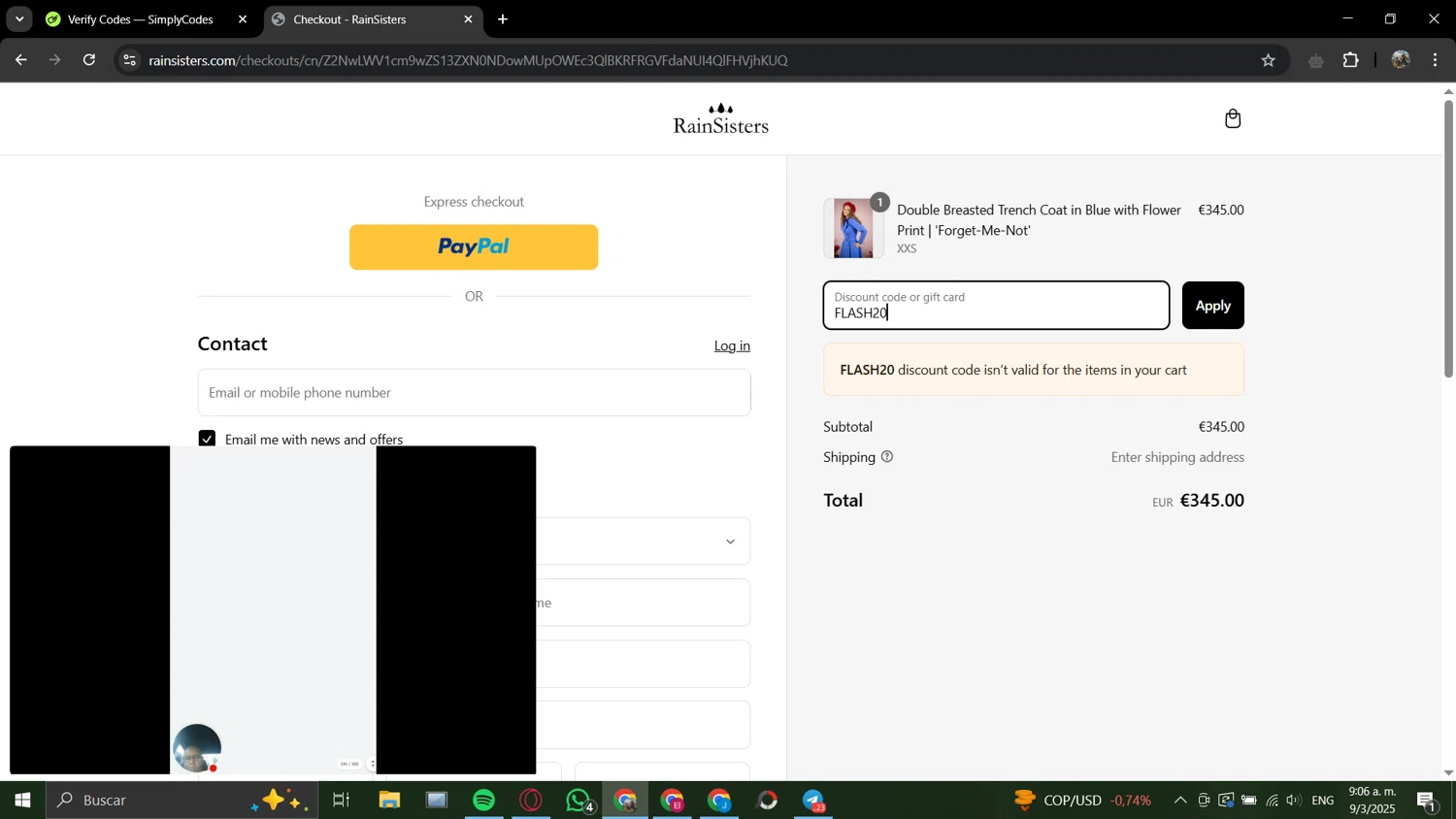 RainSisters checkout page showing RainSisters discount code box | Screenshot taken by SimplyCodes community member on Mar 9, 2025