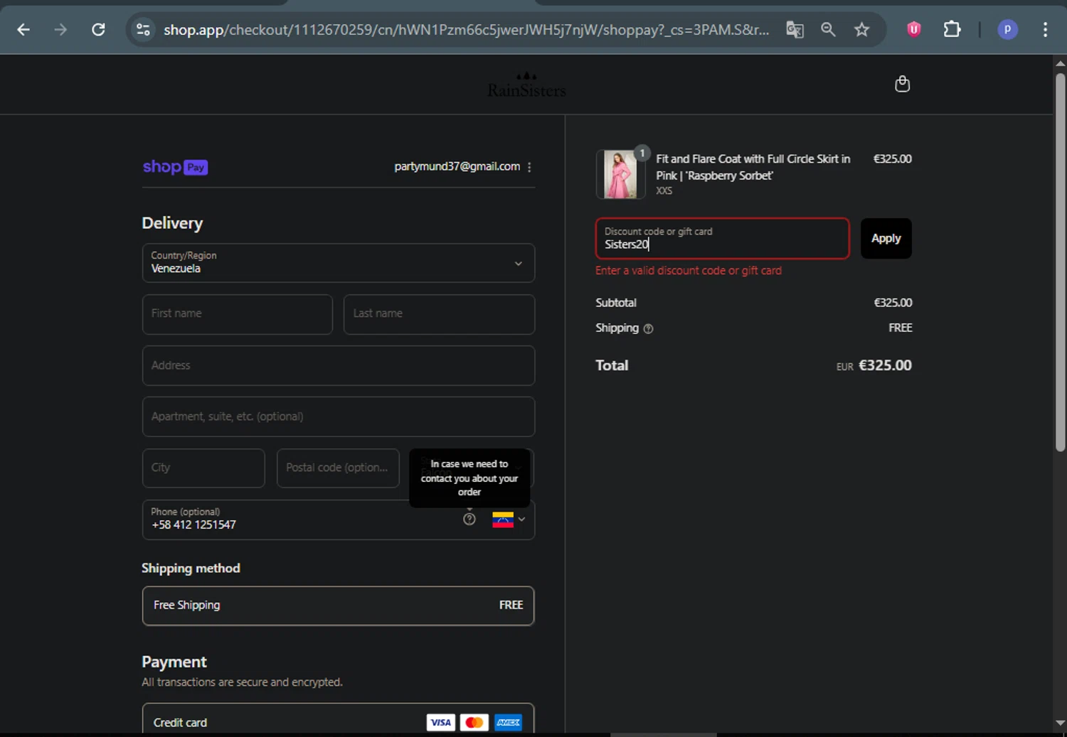 RainSisters discount code screenshot showing code Sisters20 applied at RainSisters checkout page. Uploaded by SimplyCodes community member DealAce9542 on Aug 4, 2025
