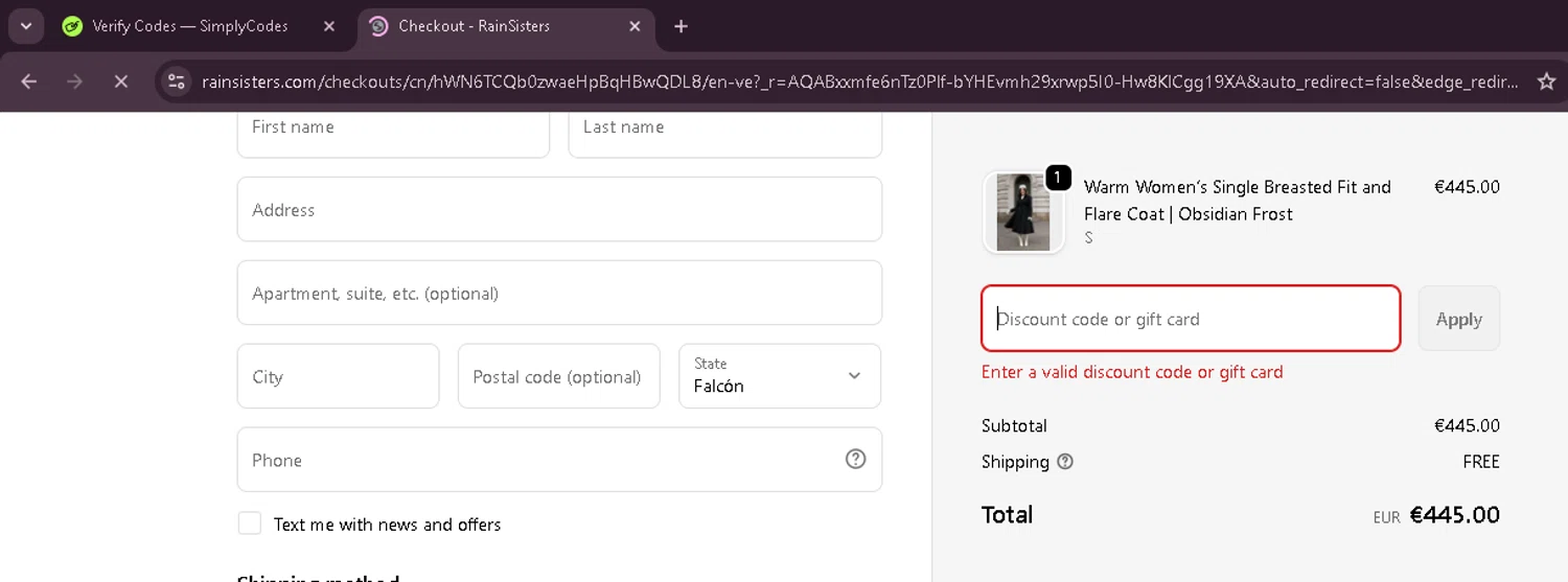 RainSisters discount code screenshot showing code ESMJDB99MH applied at RainSisters checkout page. Uploaded by SimplyCodes community member EnmanuelEDITOR on Dec 15, 2025