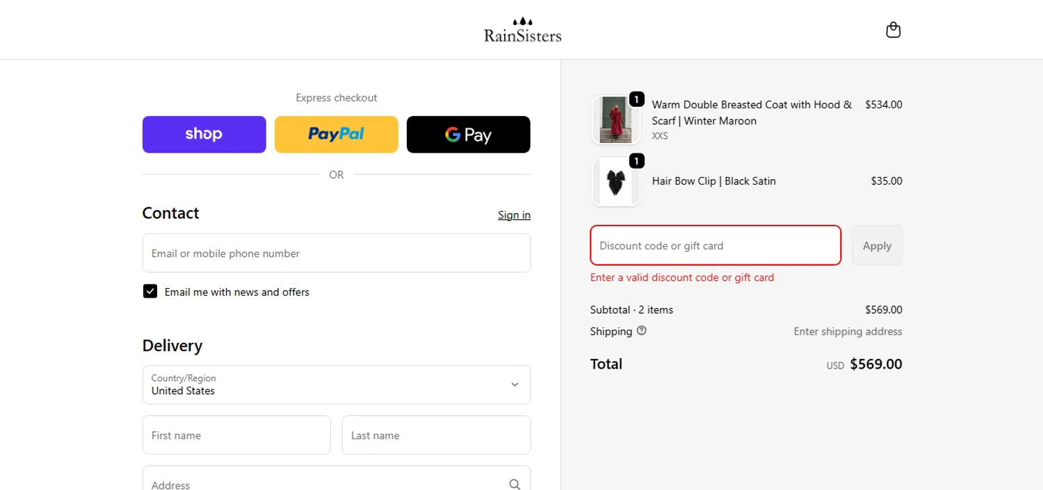 RainSisters discount code screenshot showing code ESMJDB99MH applied at RainSisters checkout page. Uploaded by SimplyCodes community member MoneyHunter5624 on Dec 15, 2025