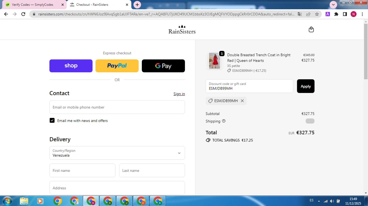 RainSisters checkout page showing RainSisters discount code box | Screenshot taken by SimplyCodes community member on Dec 11, 2025