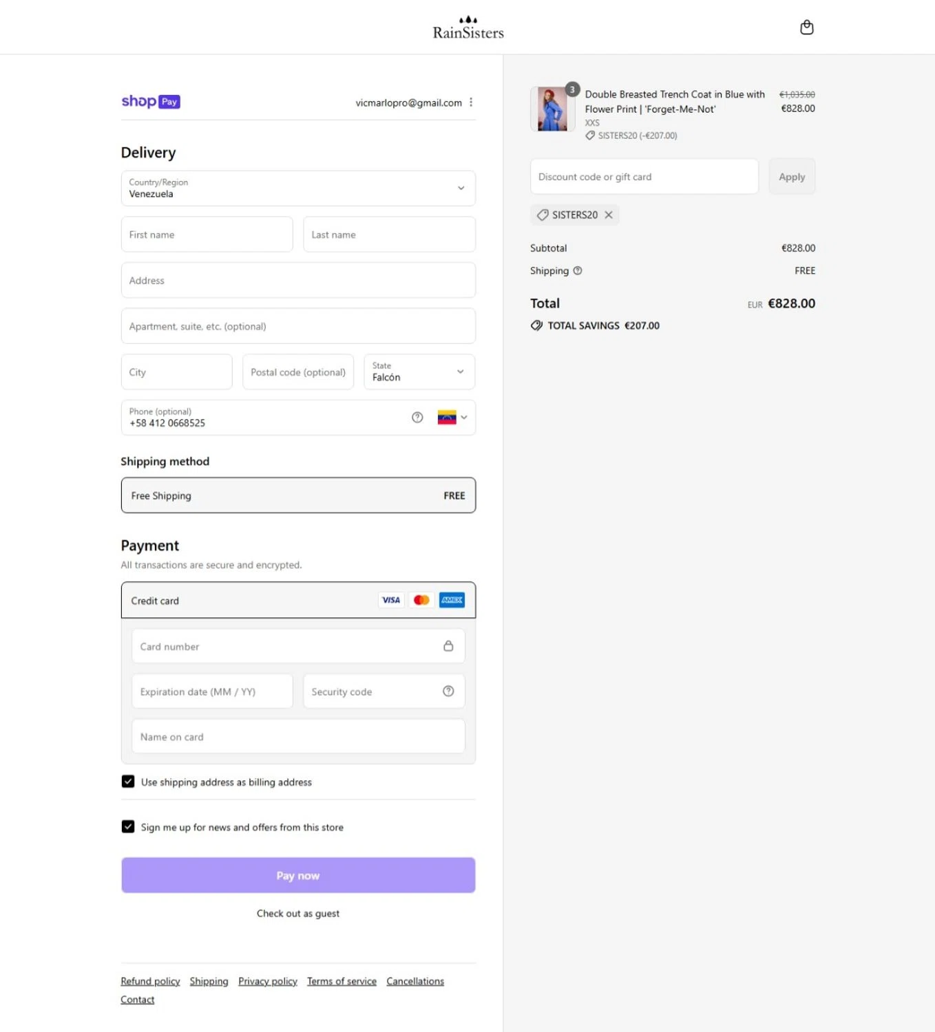 RainSisters discount code screenshot showing code Sisters20 applied at RainSisters checkout page. Uploaded by SimplyCodes community member belma123 on Aug 1, 2025