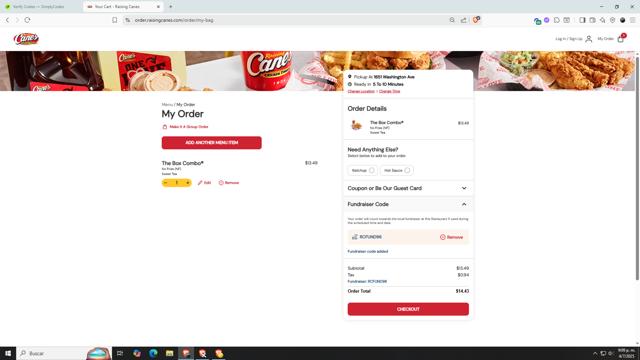 Raising Cane's checkout page showing Raising Cane's coupon code box | Screenshot taken by SimplyCodes community member on Jul 5, 2025