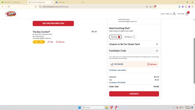 Raising Cane's checkout page showing Raising Cane's coupon code box | Screenshot taken by SimplyCodes community member on Jun 7, 2025