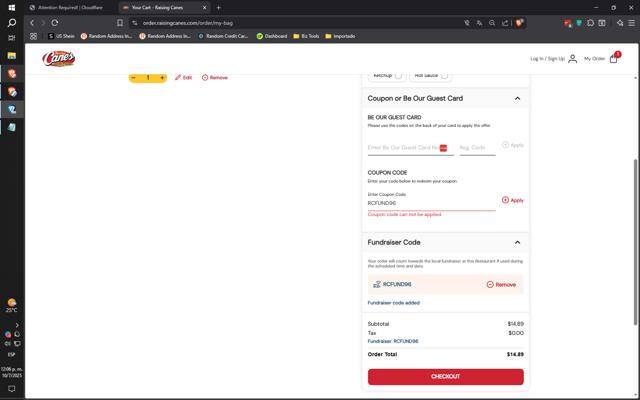 Raising Cane's checkout page showing Raising Cane's coupon code box | Screenshot taken by SimplyCodes community member on Jul 10, 2025