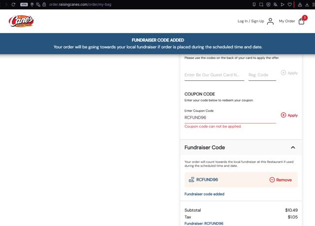 Raising Cane's checkout page showing Raising Cane's coupon code box | Screenshot taken by SimplyCodes community member on Jul 16, 2025